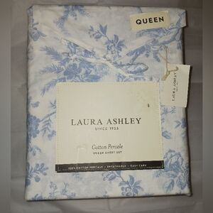 Laura Ashley Walled Garden Blue Floral Cotton Percale Queen Sheet Set